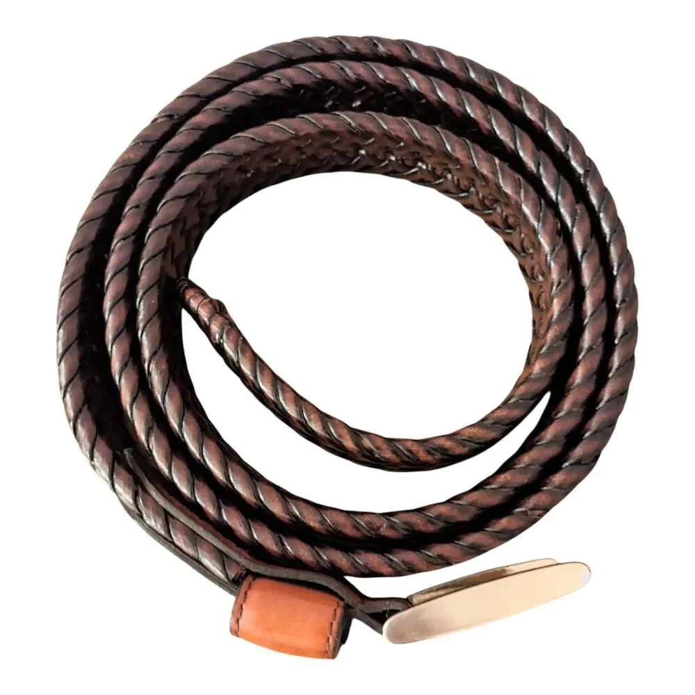 Nike Men's Braided Leather Belt Size 42 Brown Woven Bonded Silver Buckle Casual